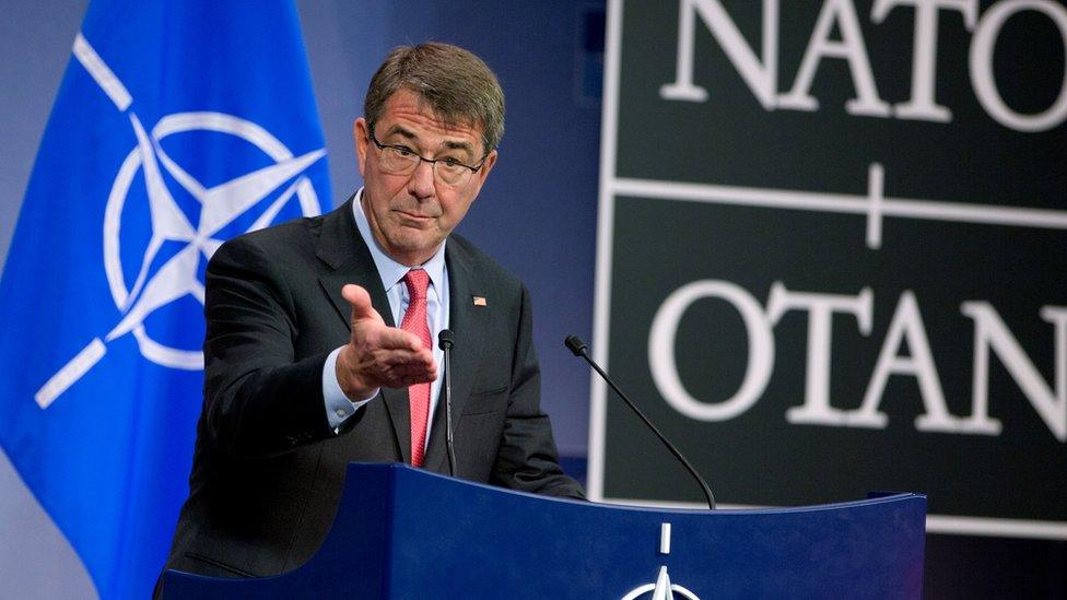 U.S. Secretary of Defense Ash Carter speaks during a media conference at NATO headquarters in Brussels on Thursday, Feb. 11, 2016.