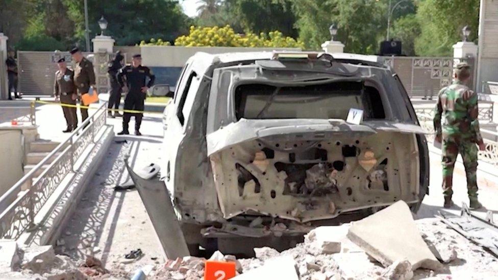 Vehicle damaged in drone attack on Iraqi Prime Mustafa al-Kadhimi's residence in Baghdad's Green Zone (7 November 2021)