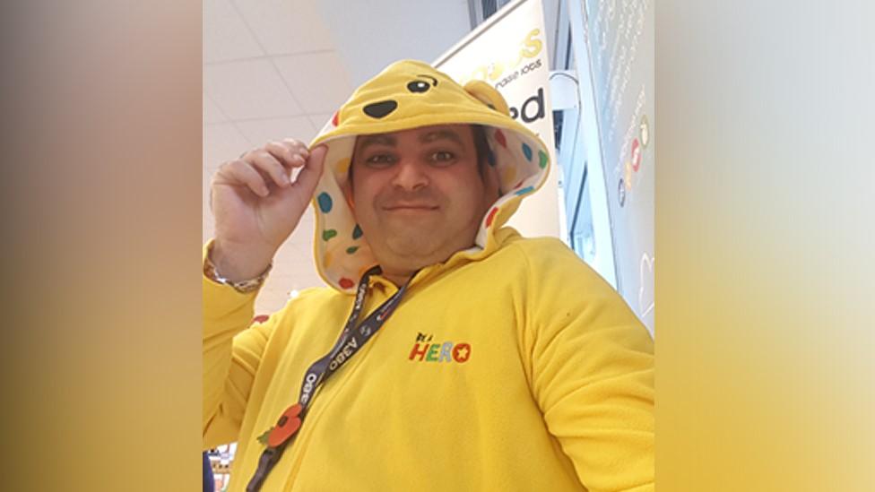 David Levi dressed in a fake Pudsey Bear costume