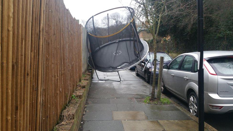 A trampoline blown over in Abbey Wood, Greater London (Jan 26)