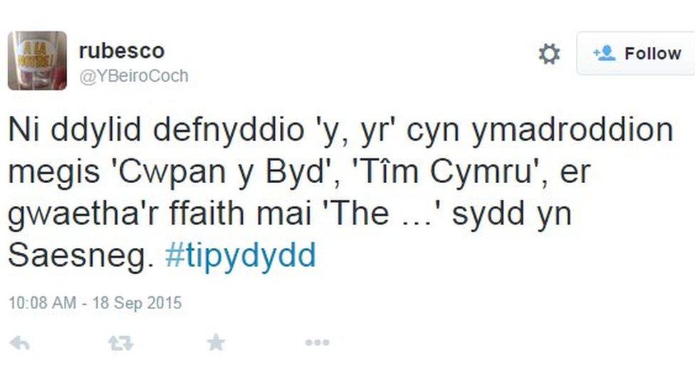 Cyngor ieithyddol amserol gan @YBeiroCoch