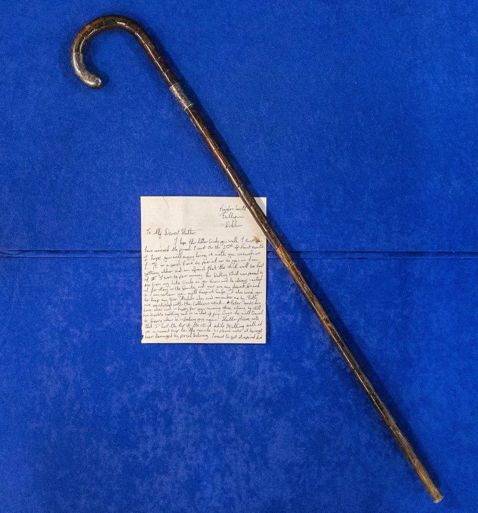 A walking stick that belonged to Michael Collins has a silver collar and tip and was accompanied by a letter of provenance