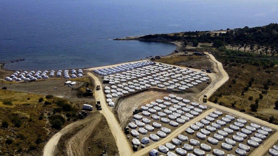 An image taken with a drone shows an aerial view of the new temporary camp near Kara Tepe