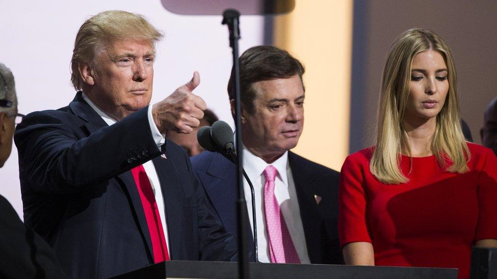 Republican nominee Donald Trump, Campaign Manager Paul Manafort, and his daughter Ivanka Trump do a walk thru at the Republican Convention, 20 July 2016