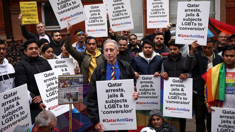 LGBTQ+ protest ahead of World Cup outside Qatar embassy in London