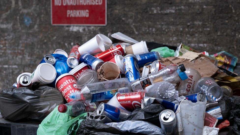 Recycling in a bin