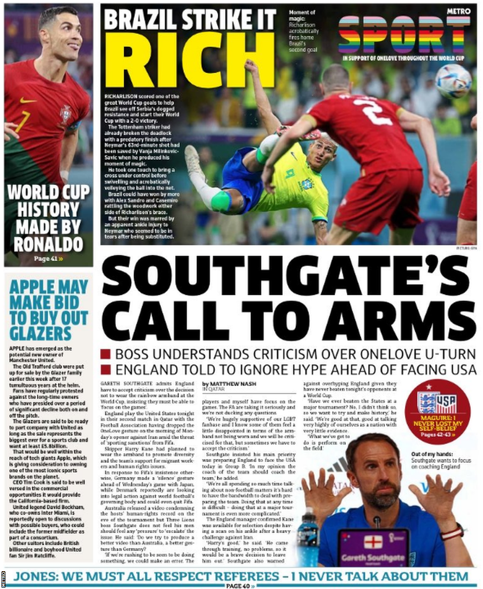 Back page of the Metro on 25 November 2022