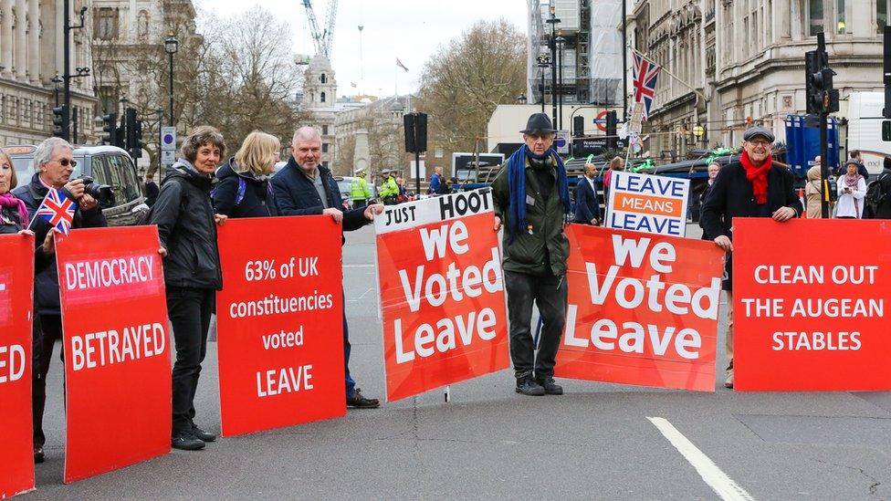 Pro-Brexit demonstrators with large colourful placards are seen protesting outside the Houses of Parliament