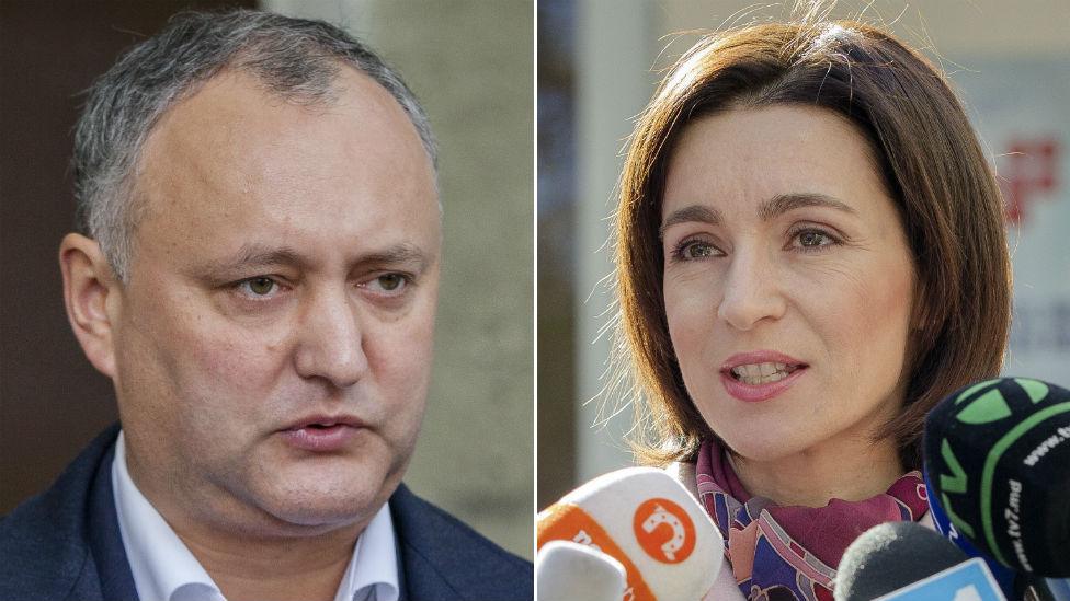 Moldova presidential candidates Igor Dodon, left, and Maia Sandu