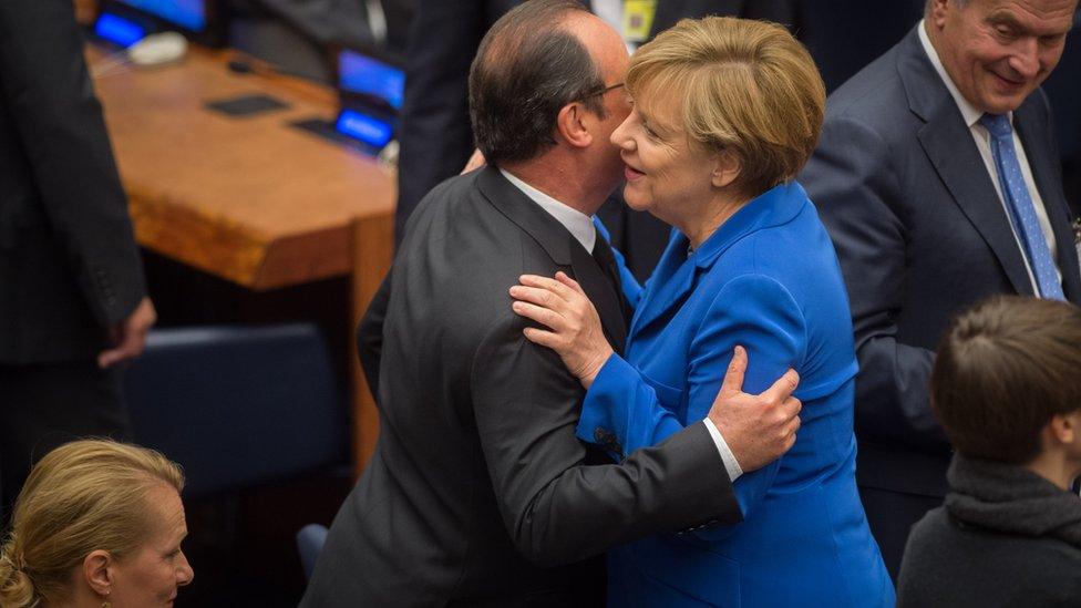 Angela Merkel with France's Francois Hollande at the UN on 27 Sept