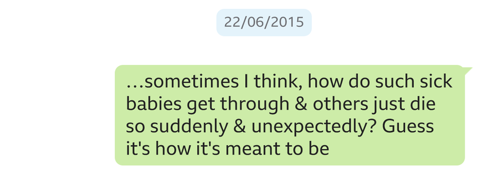 Message written by Lucy Letby, dated 22 06 2015. It reads: ...sometimes I think, how do such sick babies get through & others just die so suddenly & unexpectedly? Guess it's how it's meant to be