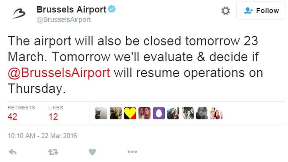 Brussels Airport tweets: The airport will also be closed tomorrow 23 March. Tomorrow we'll evaluate & decide if @BrusselsAirport will resume operations on Thursday.