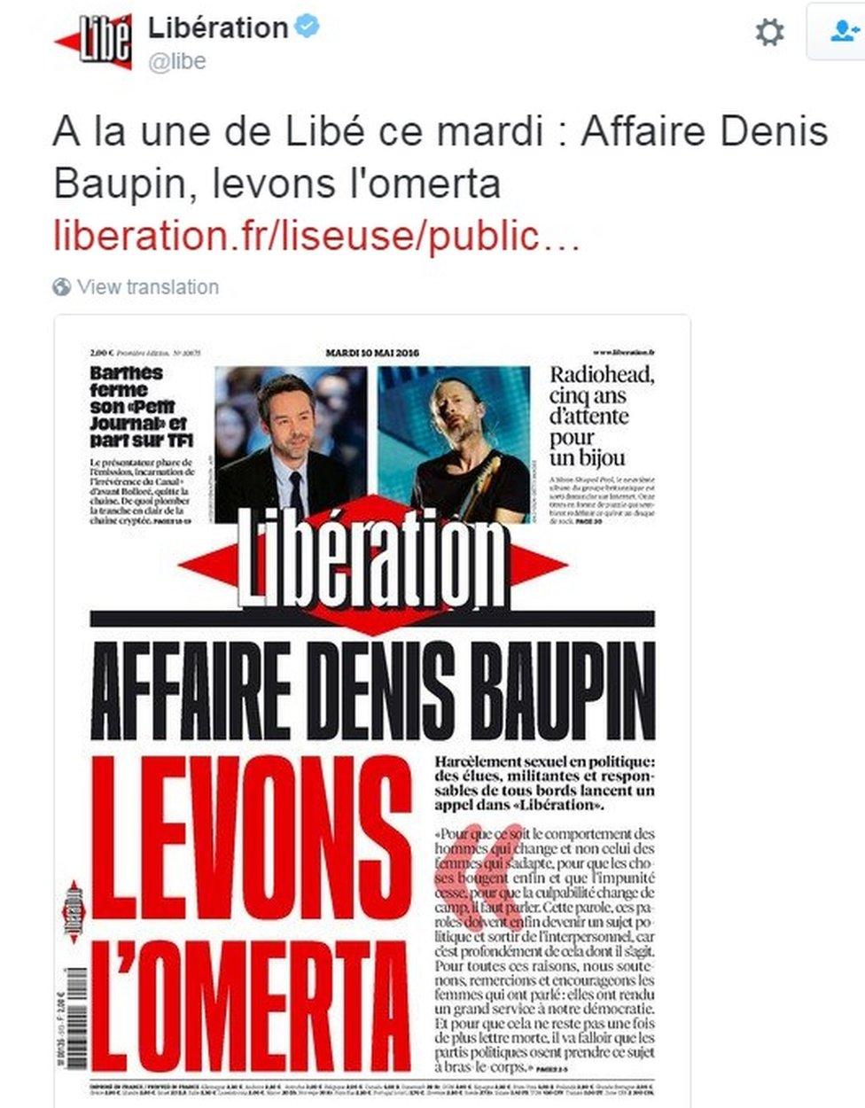 Tweet showing front page of Liberation