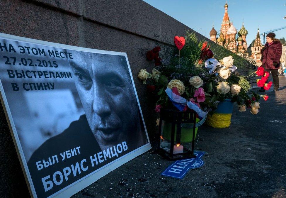 Floral tributes at the site where opposition leader Boris Nemtsov was fatally shot on a bridge near the Kremlin, in Moscow, pictured on 10 January, 2018.