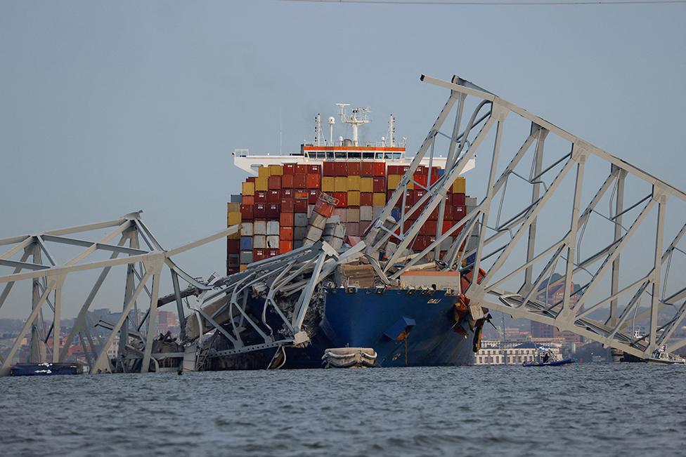 A view of the Dali cargo vessel which crashed into the Francis Scott Key Bridge causing it to collapse in Baltimore, Maryland, US, on 26 March 2024