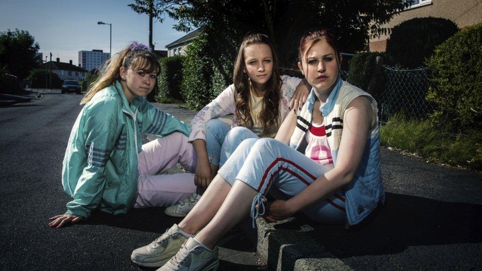 Ruby (Liv Hill), Holly (Molly Windsor), and Amber (Ria Zmitrowicz), who appear in the BBC drama Three Girls based on the Rochdale abuse scandal