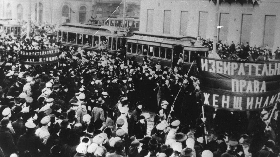 Women marching during the Russian Revolution in October 1917, demanding the right to vote. The Russian Revolution was a pair of revolutions in Russia in 1917, which dismantled the Tsarist autocracy and led to the eventual rise of the Soviet Union