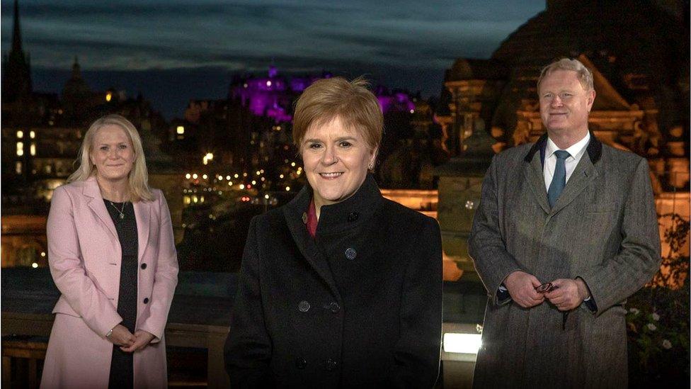 Scottish National Investment Bank CEO Eilidh Mactaggart, First Minister Nicola Sturgeon, and bank chairman Willie Watt launched the national bank