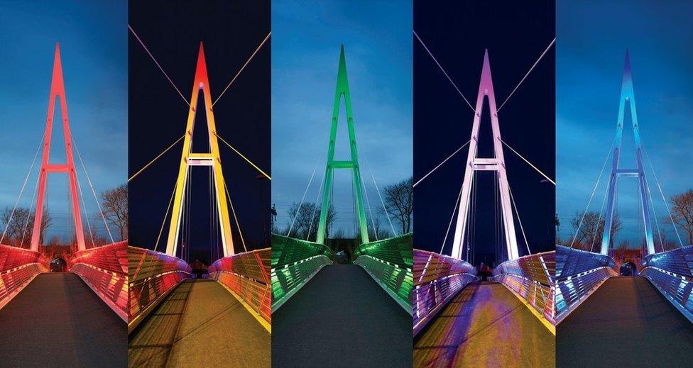 Greystone Bridge lit up in rainbow colours