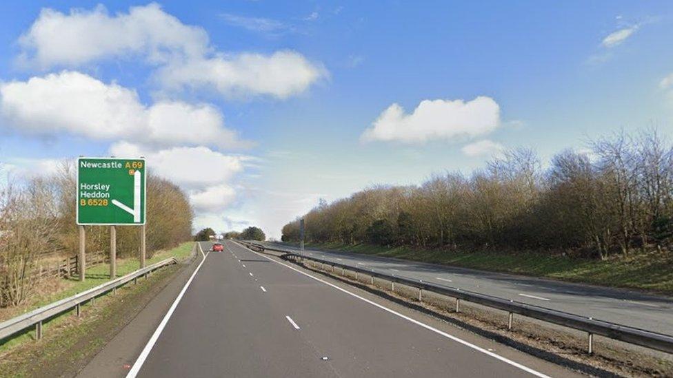 A69 with sign showing Horsley