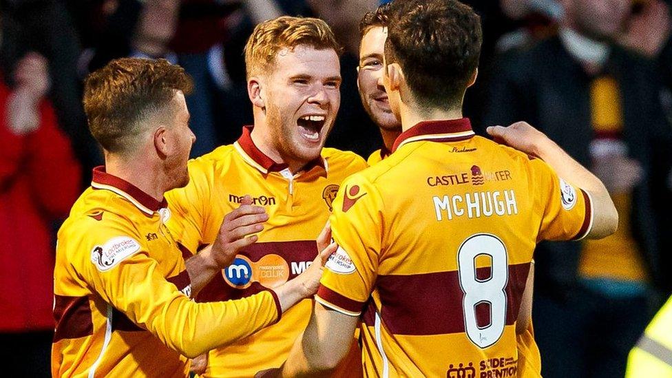 Motherwell players celebrate their win over Kilmarnock