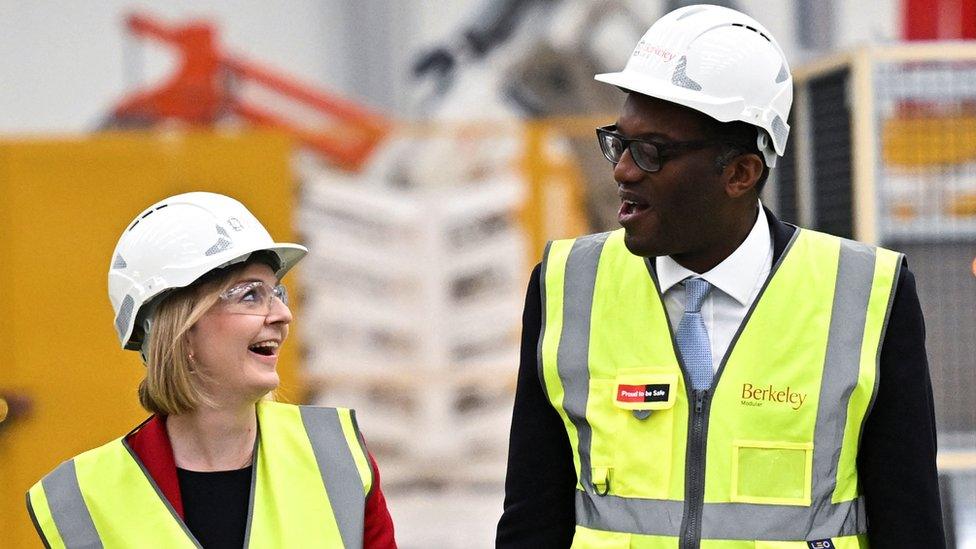 Liz Truss and Kwasi Kwarteng during a visit to Berkeley Modular in Northfleet Kent