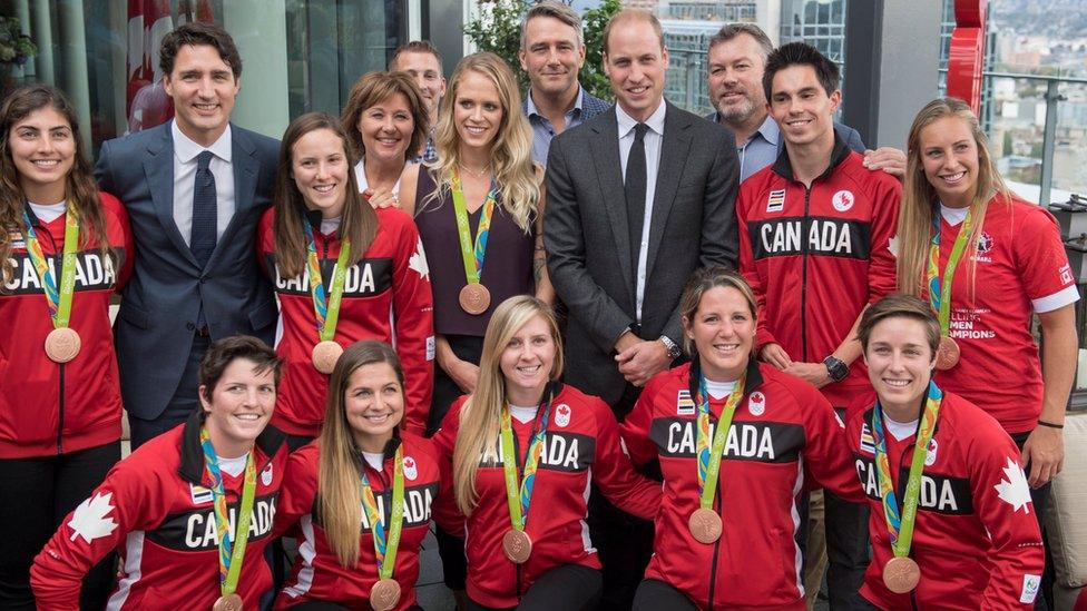 Duke of Cambridge and Canadian PM Justin Trudeau with some of Canada's Olympic gold medallists