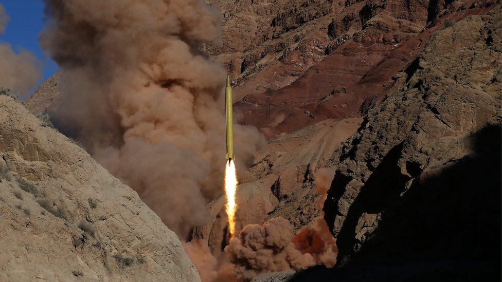 Qadr H long-range ballistic missile is fired during a manoeuvre in an undisclosed location in Iran