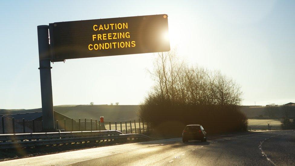 Cold conditions sign motorway.