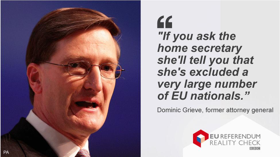 Dominic Grieve saying: If you ask the home secretary she'll tell you that she's excluded a very large number of EU nationals