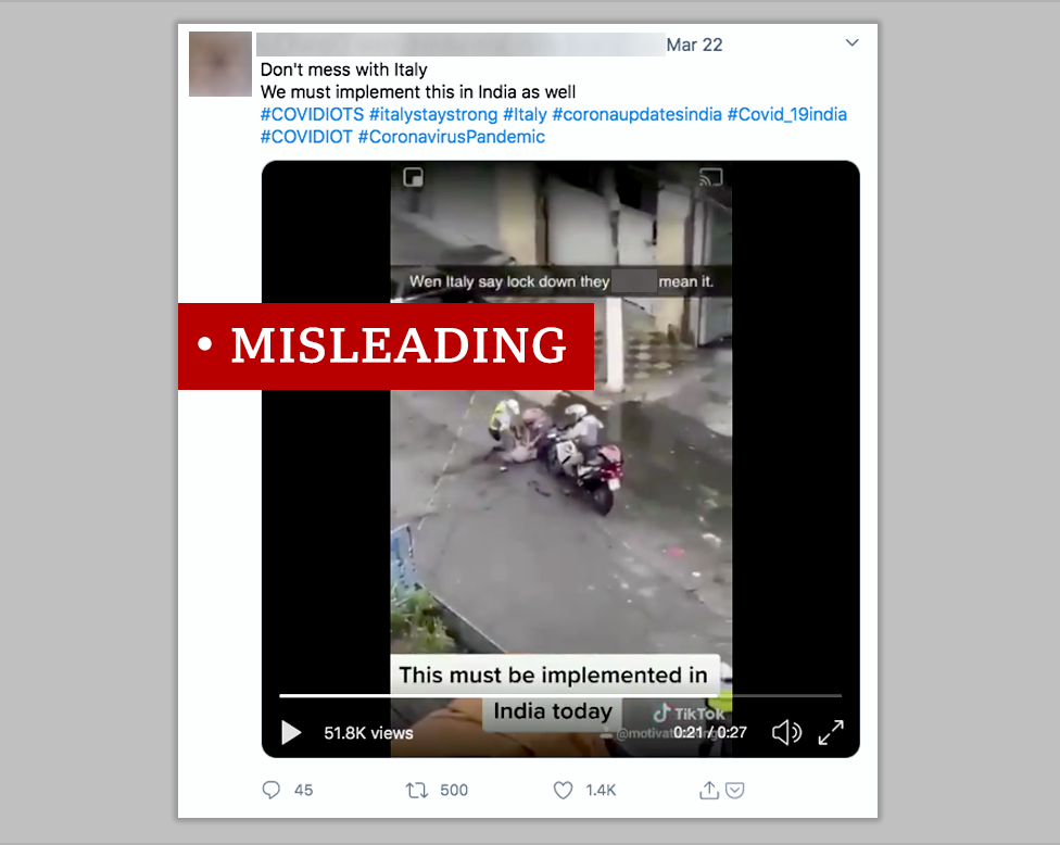 A screenshot of a misleading post claims that the video shows Italian police arrest a man for breaking lockdown rules. But the man arrested by police is in Brazil