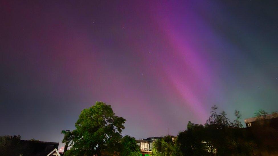 Pink and purple lights over rooftops in Wimbledon, south-west London