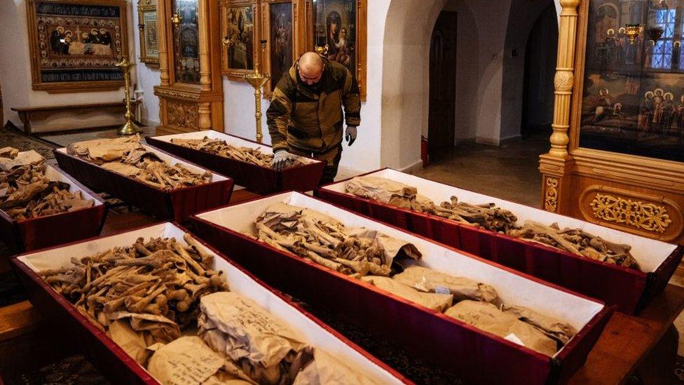 The remains of French and Russian soldiers on display