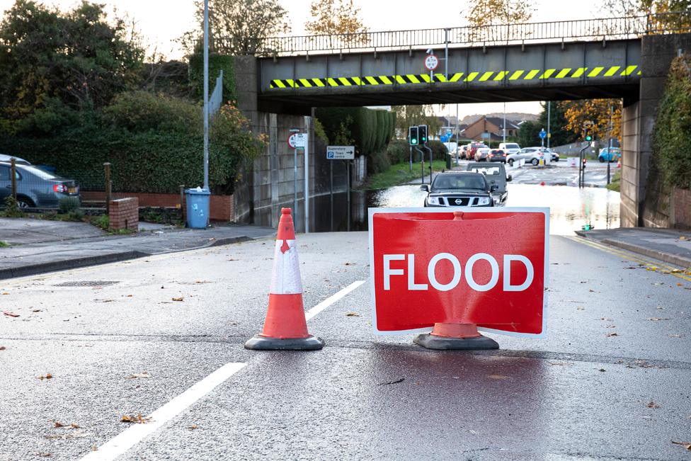 A flooded street in Worksop