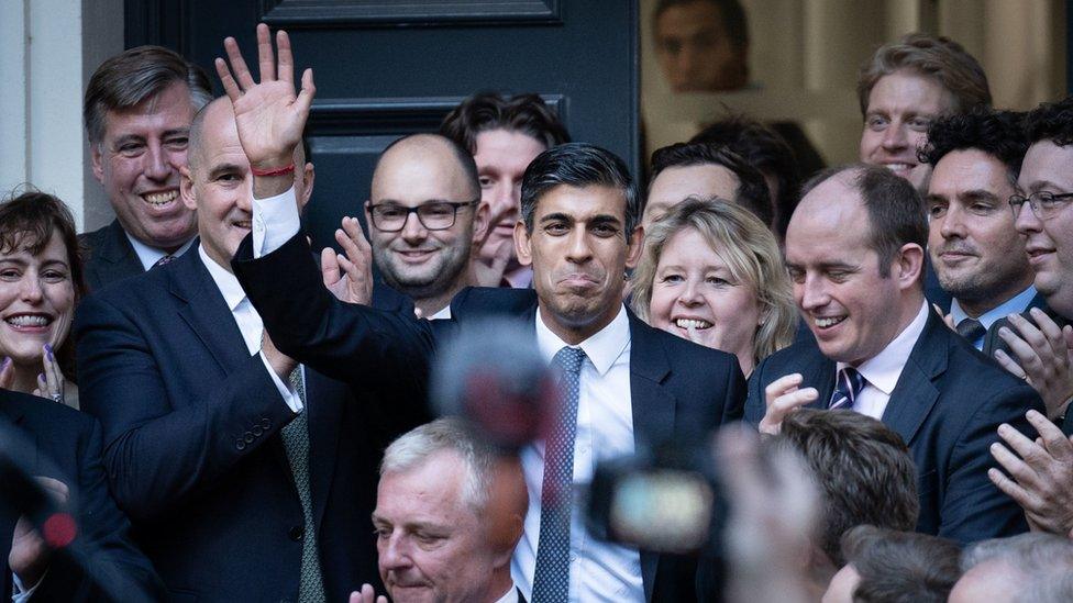 Rishi Sunak arrives at Conservative Party HQ after his victory is confirmed