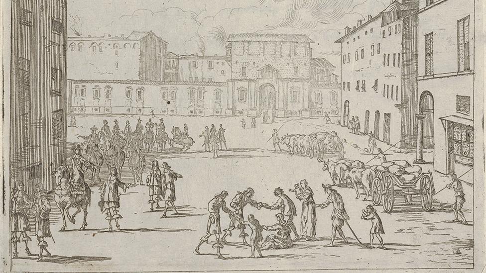 This picture from 1659 shows Francesco I d'Este Assists His Subjects with Great Generosity During the Great Famine of 1648 and 1649, from L'Idea di un Principe ed Eroe Cristiano in Francesco I d'Este, di Modena e Reggio Duca VIII [...], 1659.