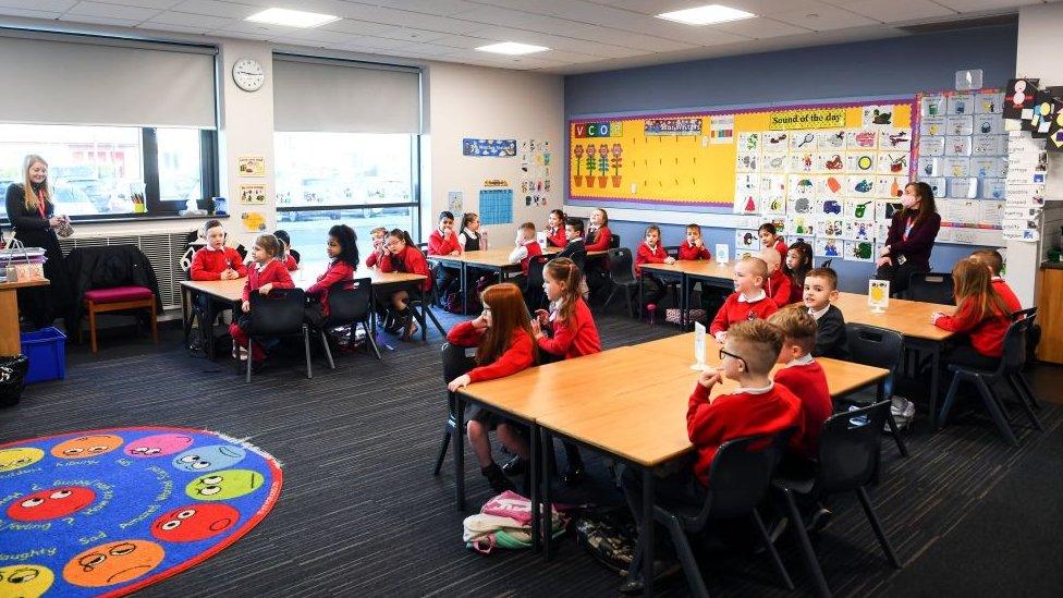 Pupils take part in a class at Clyde Primary School in Glasgow on February 22, 2021