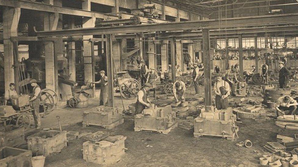 Inside the foundry at the Lister Petter site, Dursley, in the 1920s
