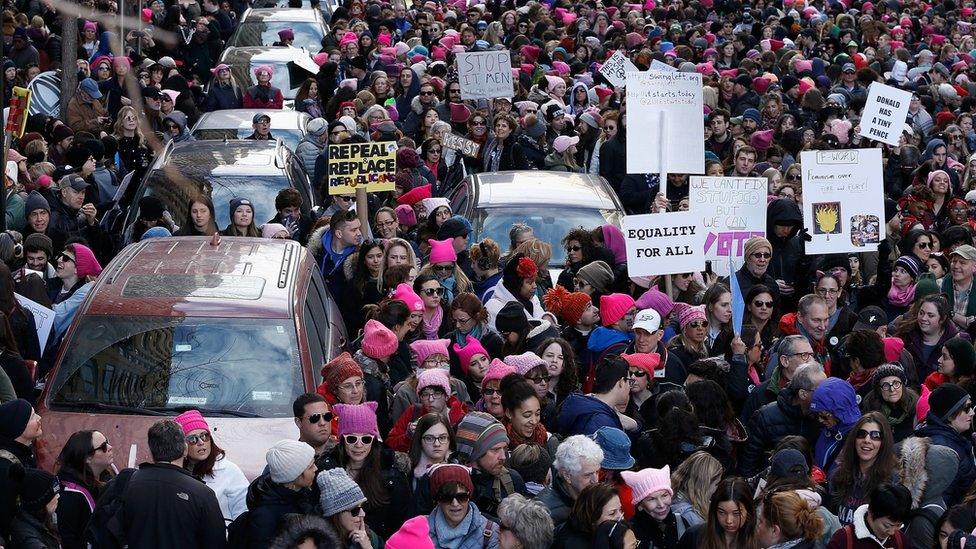 Demonstrators at the 2018 Women's March in New York City on January 20, 2018 in New York City