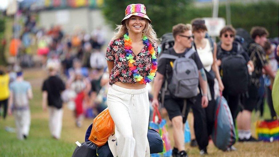 Festivalgoer Jennifer Barton from Australia on the first day of the Glastonbury Festival