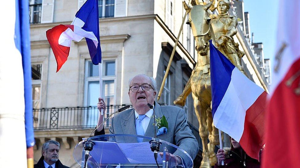 Jean-Marie Le Pen delivers a speech at the Place des Pyramides in Paris during a rally in honour of Jeanne d'Arc on 1 May 2016