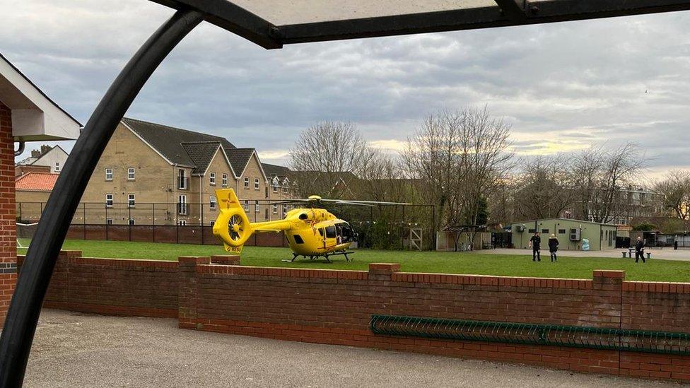 Air ambulance which landed at Bignold School