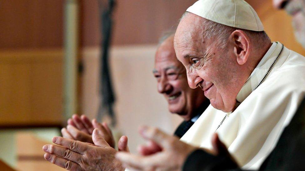 Pope Francis participates in the closing session of the “Scholas Occurrentes” event on "Eco-Educational Cities" bringing together 50 Mayors from Latin America and Europe at the Augustinianum Institute on May 25, 2023 in Vatican City, Vatican.