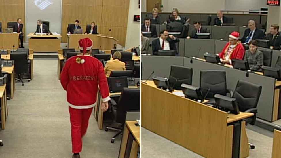 AM Mick Bates turns up to the assembly dressed at Father Christmas