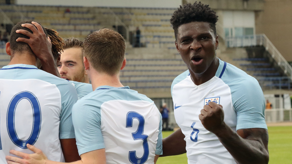 England players celebrate a goal against France in the final of the Toulon Tournament