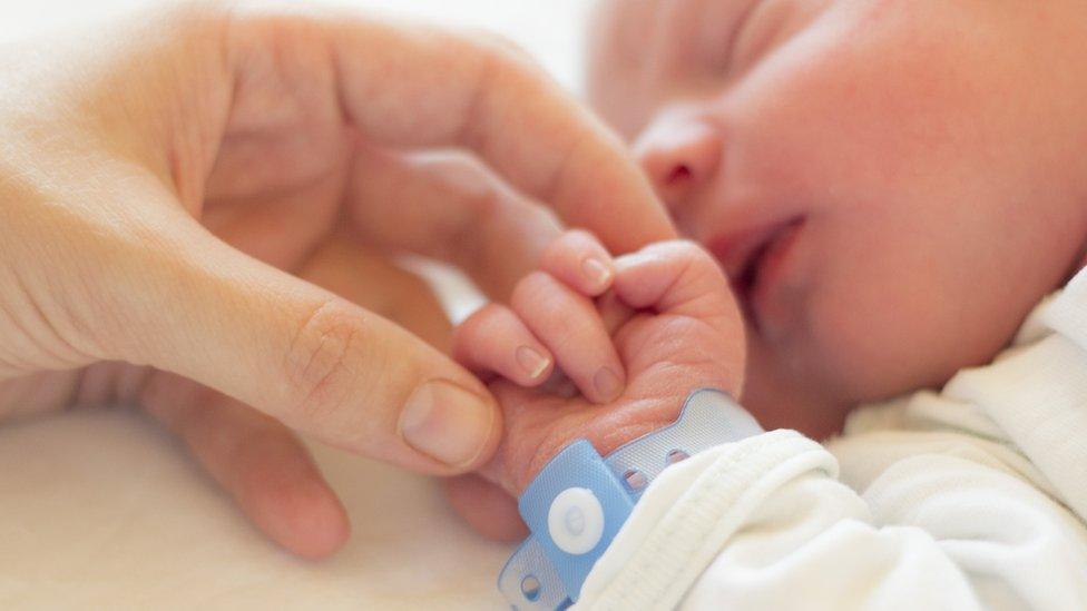 Carer holds the hand of a baby