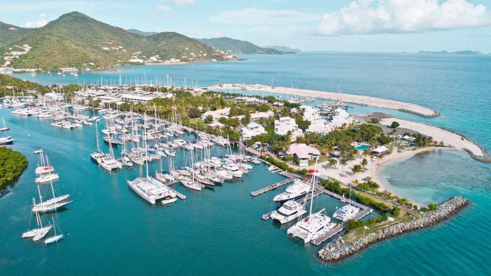 High-angle shot of a yacht marina in the British Virgin Islands