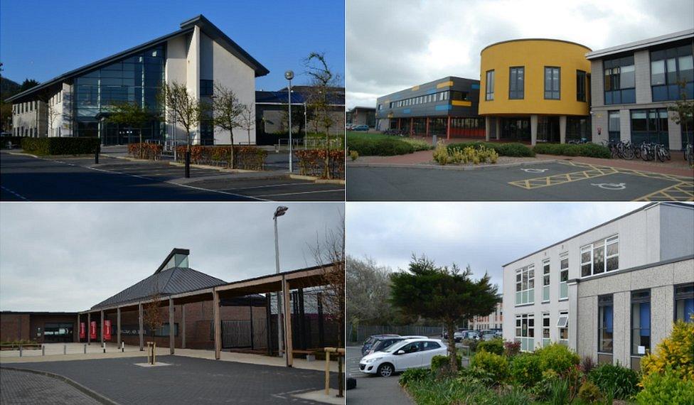 Guernsey secondary schools. Clockwise from top left; Grammar School, St Sampson's High, La Mare de Carteret High and Les Beaucamps High