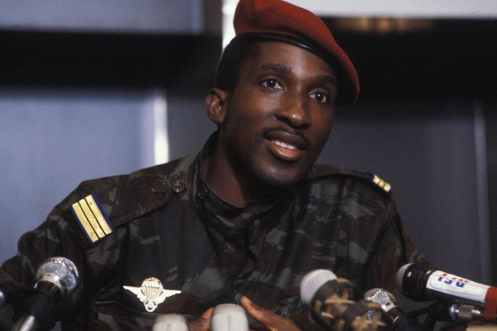 Thomas Sankara speaks to reporters in Paris, France, in 1983.