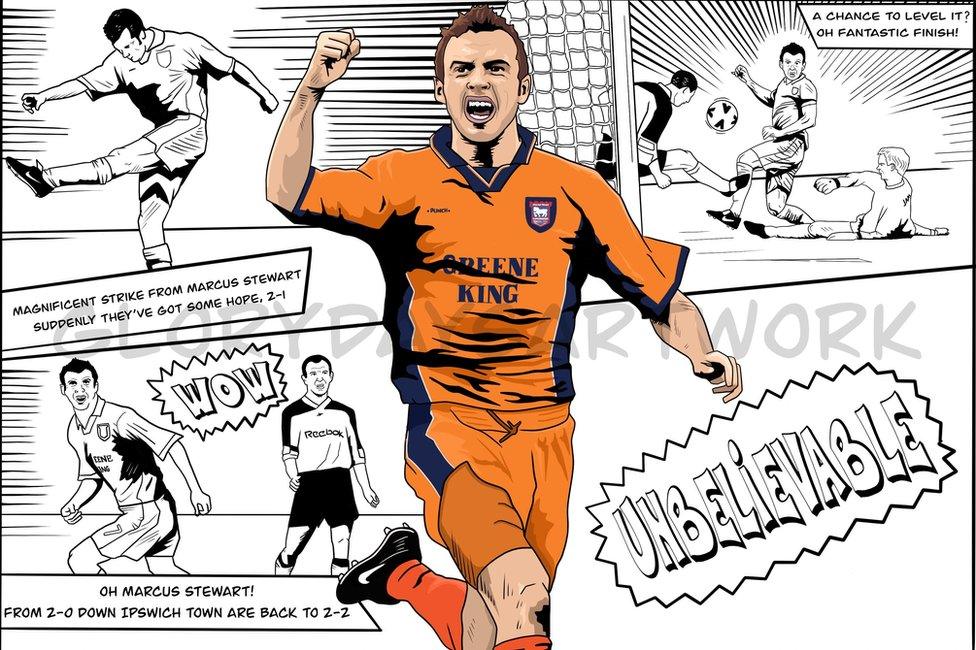 Comic strip style artwork showing Marcus Stewart and the two goals he scored against Bolton Wanderers in the play-off semi-final in 2000